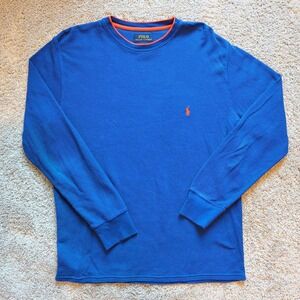 Polo Ralph Lauren Thermal Shirt Mens Medium Blue Orange Waffle Knit Long Sleeve